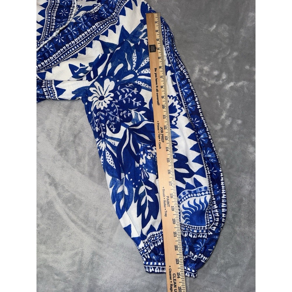 Farm Rio Flora Tapestry Blue White Linen-Blend Maxi Dress Size L Ballon Sleeve - Picture 11 of 16